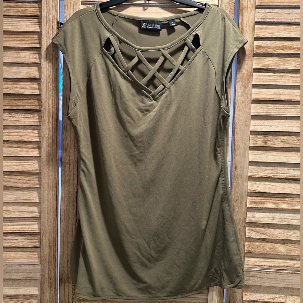 New York & Company Olive Cap Sleeve Top with Lattice Detail